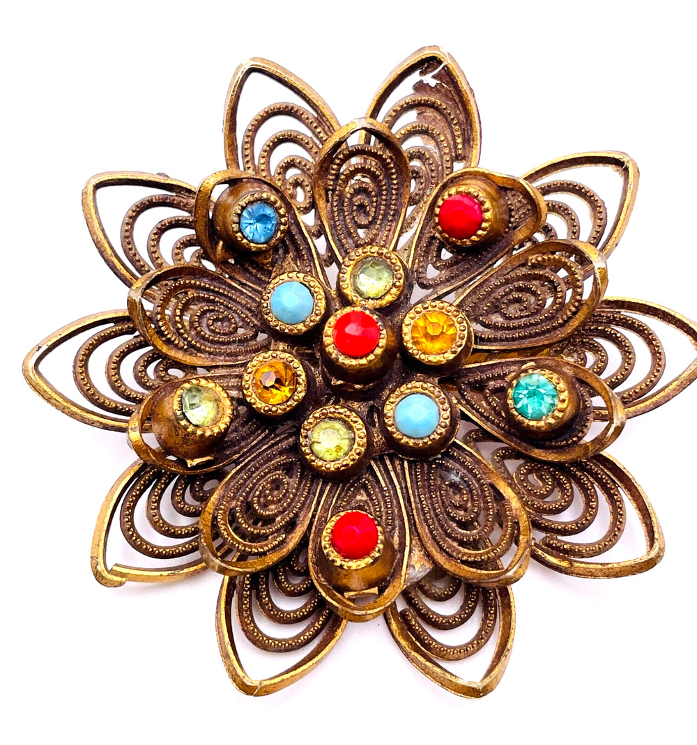 Celluloid Brooch Colorful Rhinestone Cabochons Flower Pin 3" Golden Tone Floral